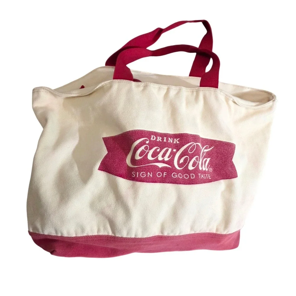 Coca-Cola Canvas Tote Bag‎ Unisex Large Cream Red Retro Graphic Pouch